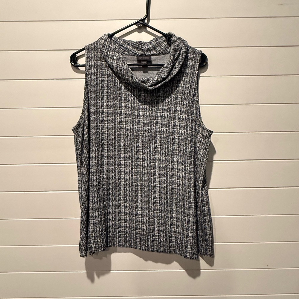 J. Jill Wearever Sleeveless Cowl Neck Top L Black White Tweed Knit KTP165291